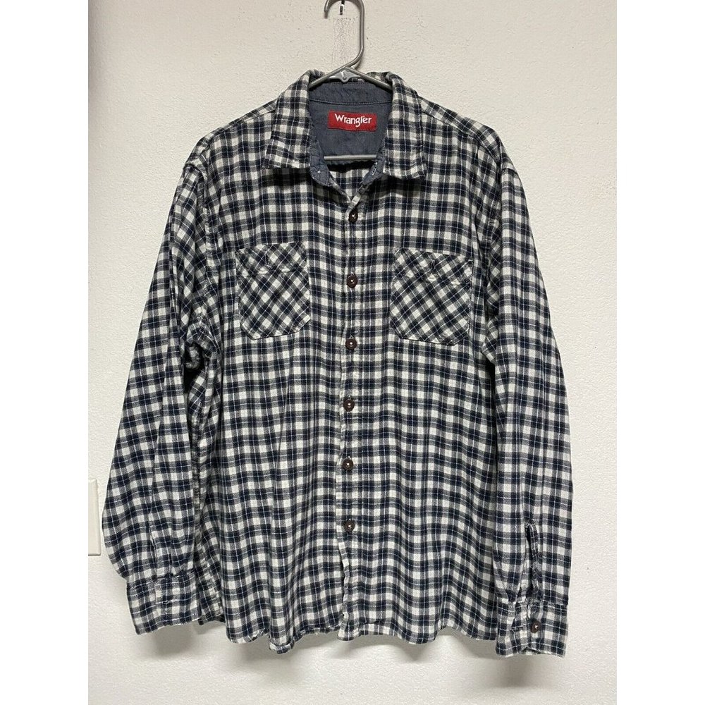 Wrangler Men's Pocket Long Sleeve Flannel Shirt Button Up Black Plaid Cotton XL